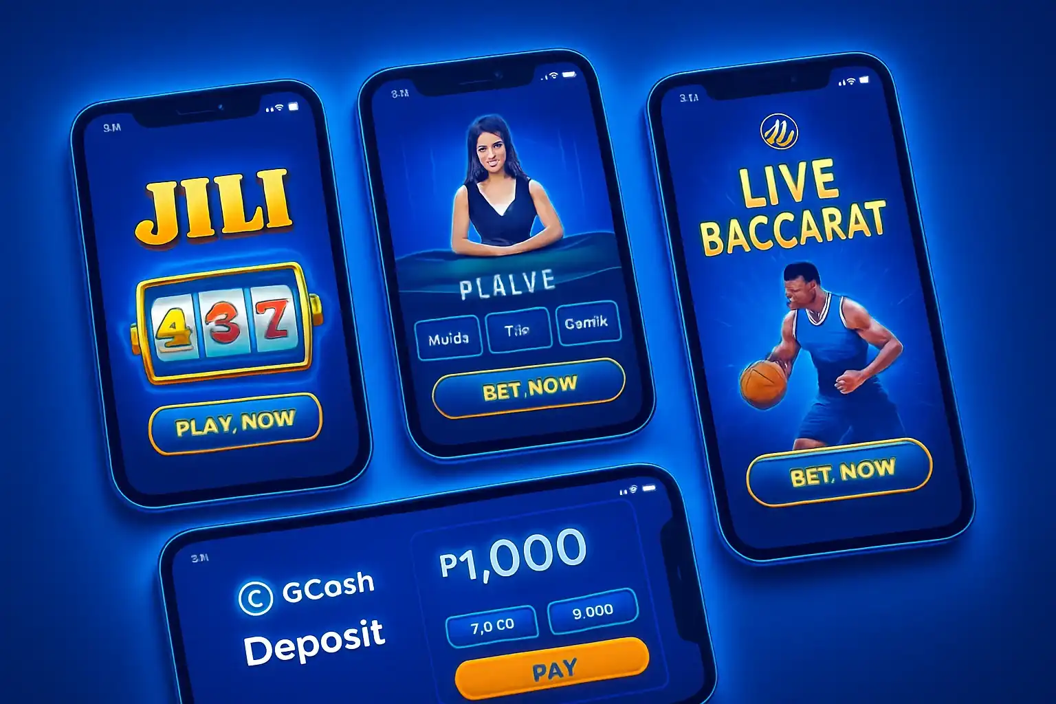 Multiple Android screens showing Philippine casino app with slots, baccarat, GCash, sports betting