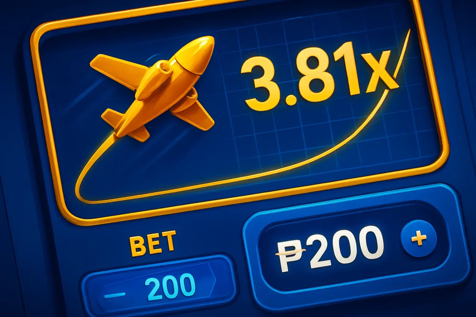 Close-up aviator crash game UI with plane trajectory and peso bets