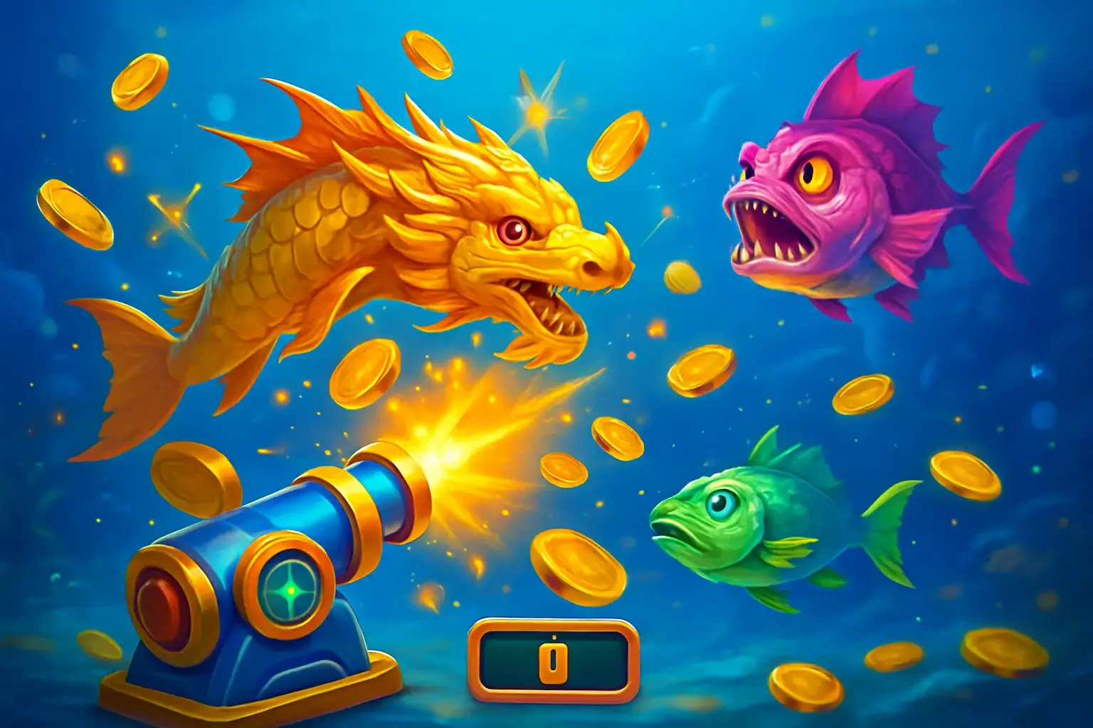Vibrant Philippine casino fishing game underwater scene with colorful fish and coin explosions