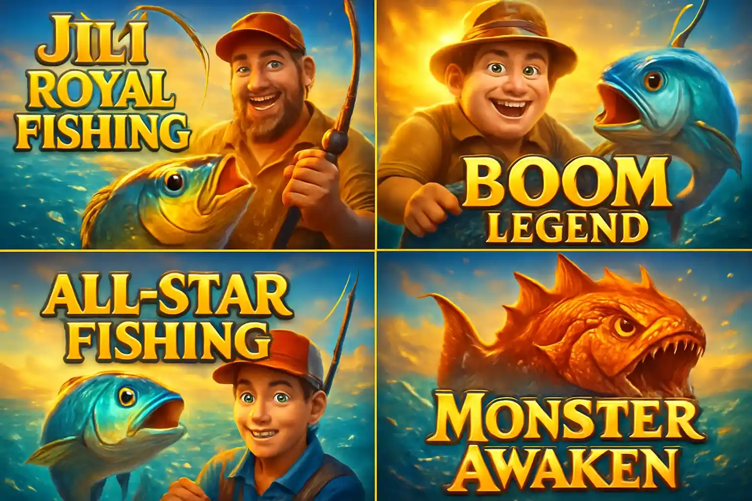 Grid of popular Philippine fishing game thumbnails in vibrant blue and gold