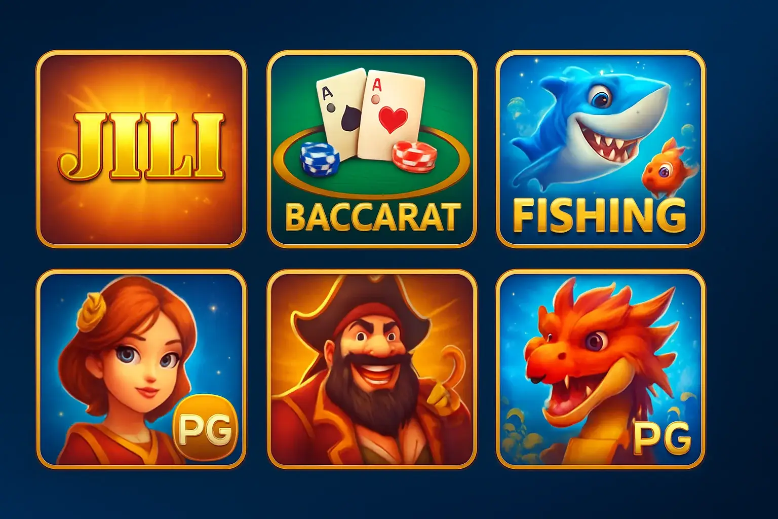 Colorful grid of Philippine casino game thumbnails with JILI slots and baccarat