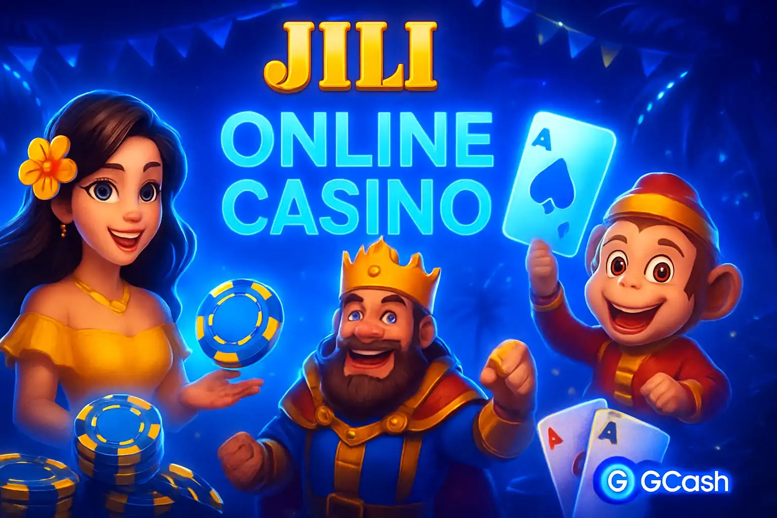 Vibrant Philippine online casino hero banner with JILI characters and GCash badge