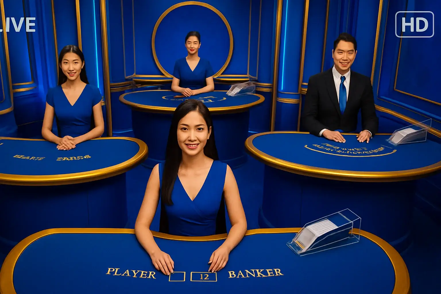 Elegant live casino studio with Asian dealers, baccarat and blackjack tables