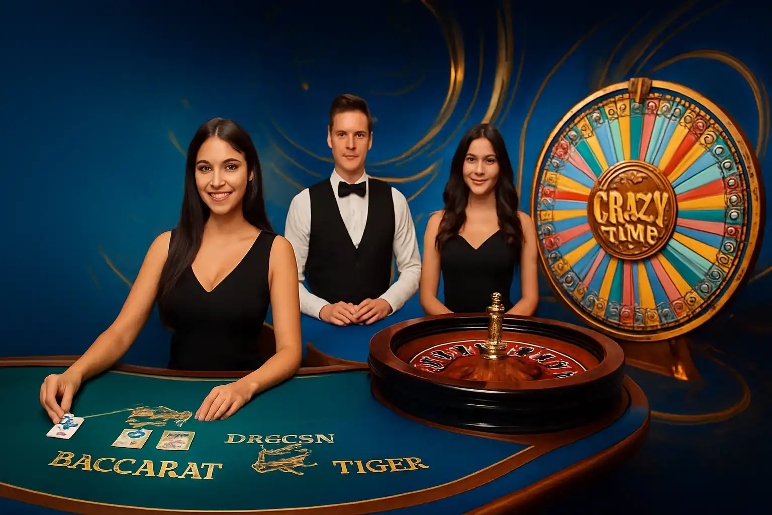 Live casino cards with baccarat, roulette, Crazy Time, and pro dealers