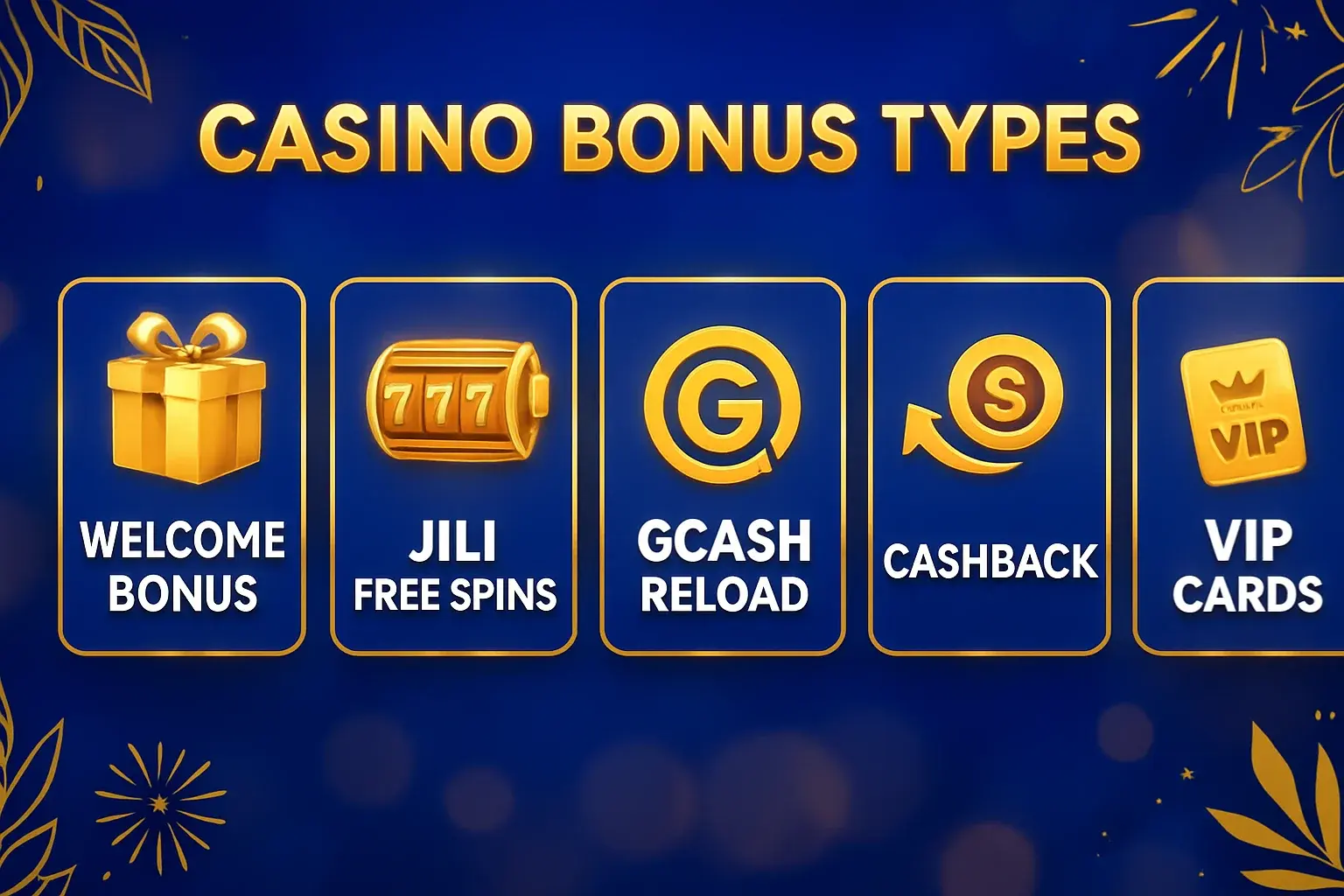 Welcome bonus, JILI free spins, GCash reload, cashback and VIP cards on royal blue