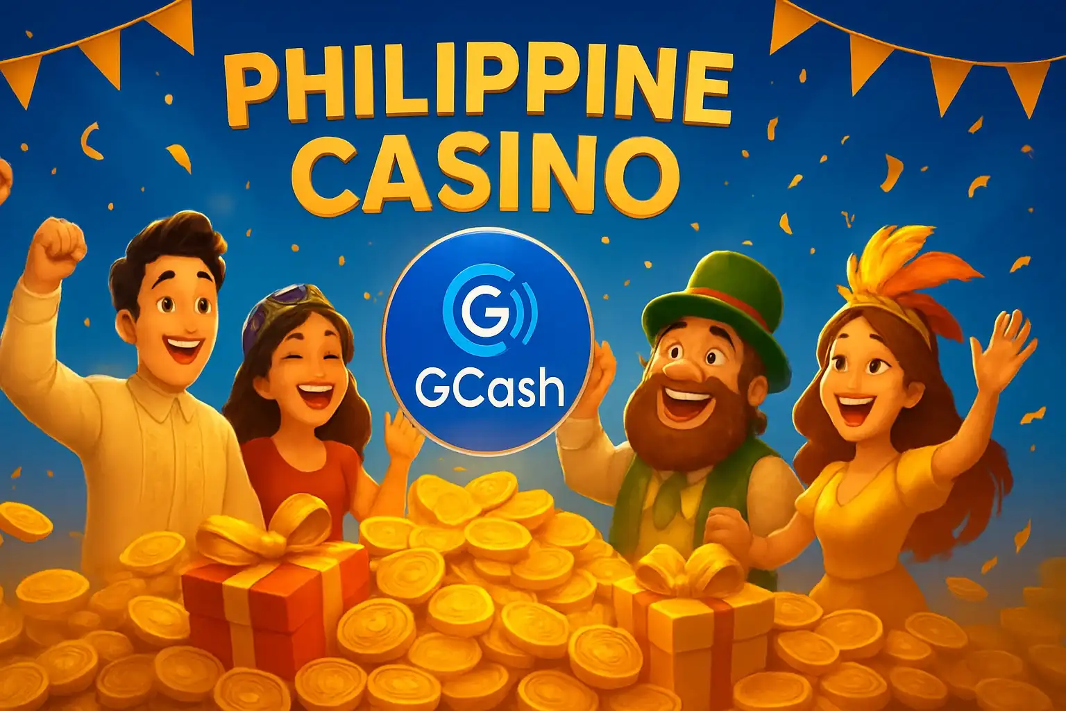 Philippine casino promotions banner with gold coins, gift boxes, GCash badge, JILI characters