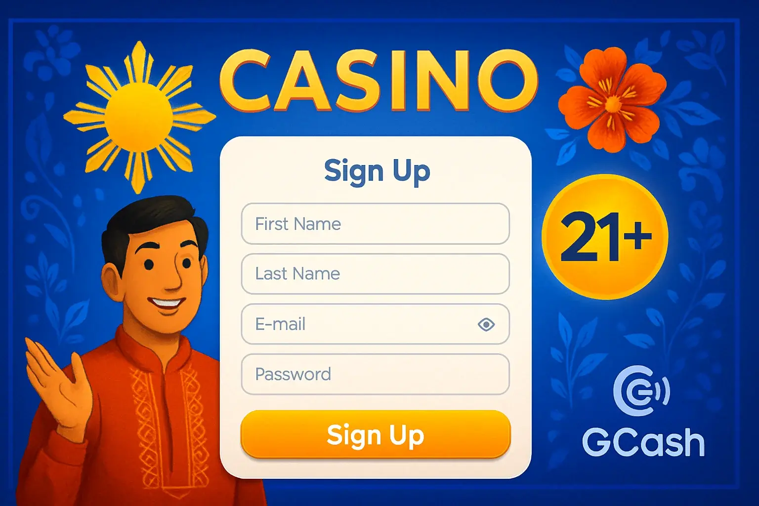 Philippine casino registration page with GCash logo and gold 21+ badge
