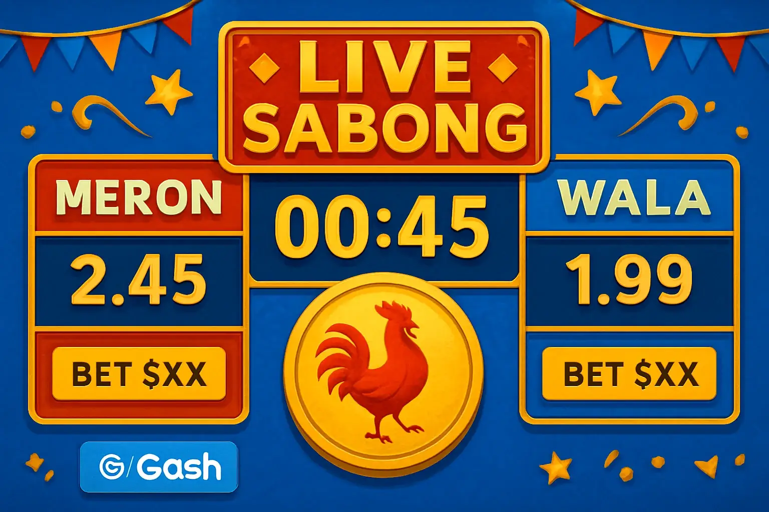 Live sabong countdown timer with Meron vs Wala betting panel and GCash badge