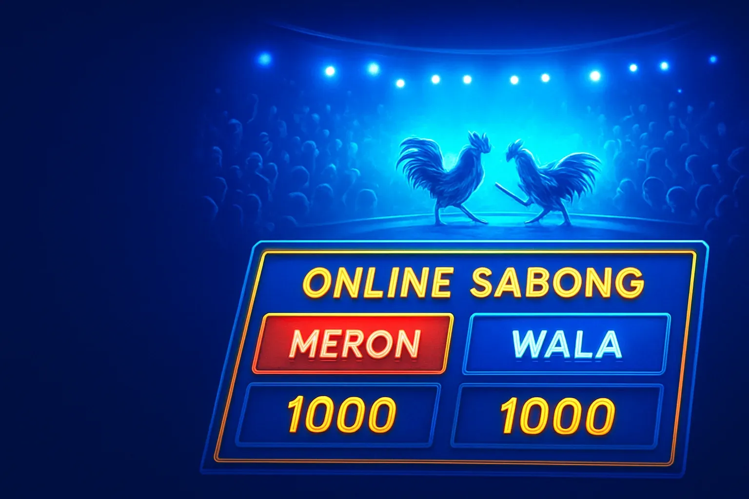 Philippine online sabong betting interface with Meron and Wala panels in blue and gold