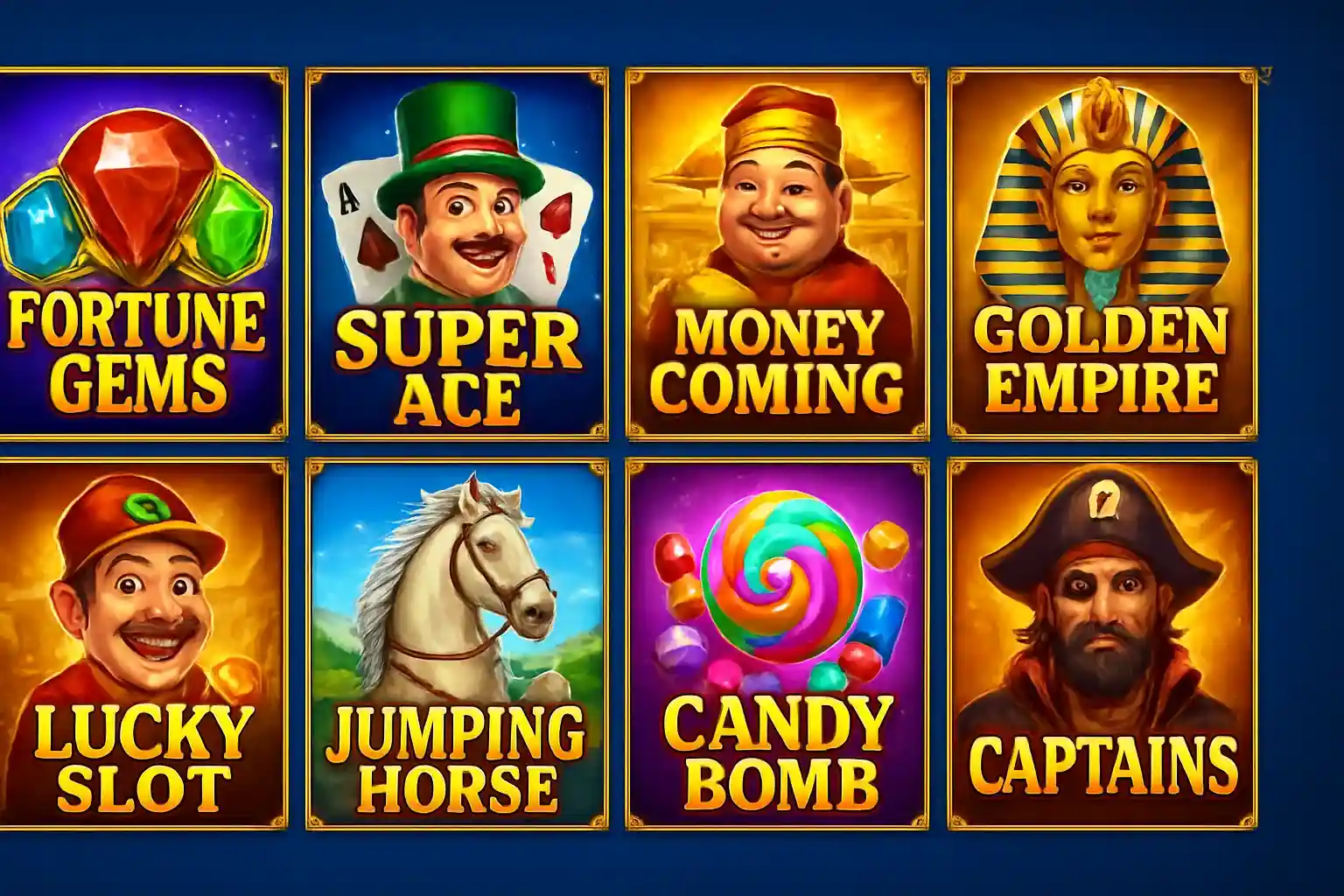 Grid of JILI and PG Soft slot game thumbnails on blue background