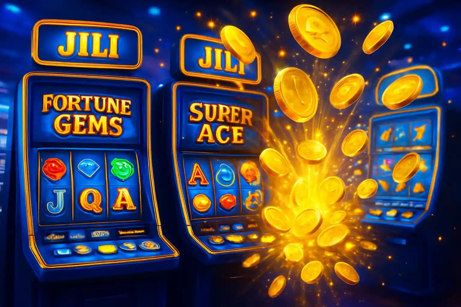 Bright Philippine casino slot machines with JILI symbols and exploding gold coins