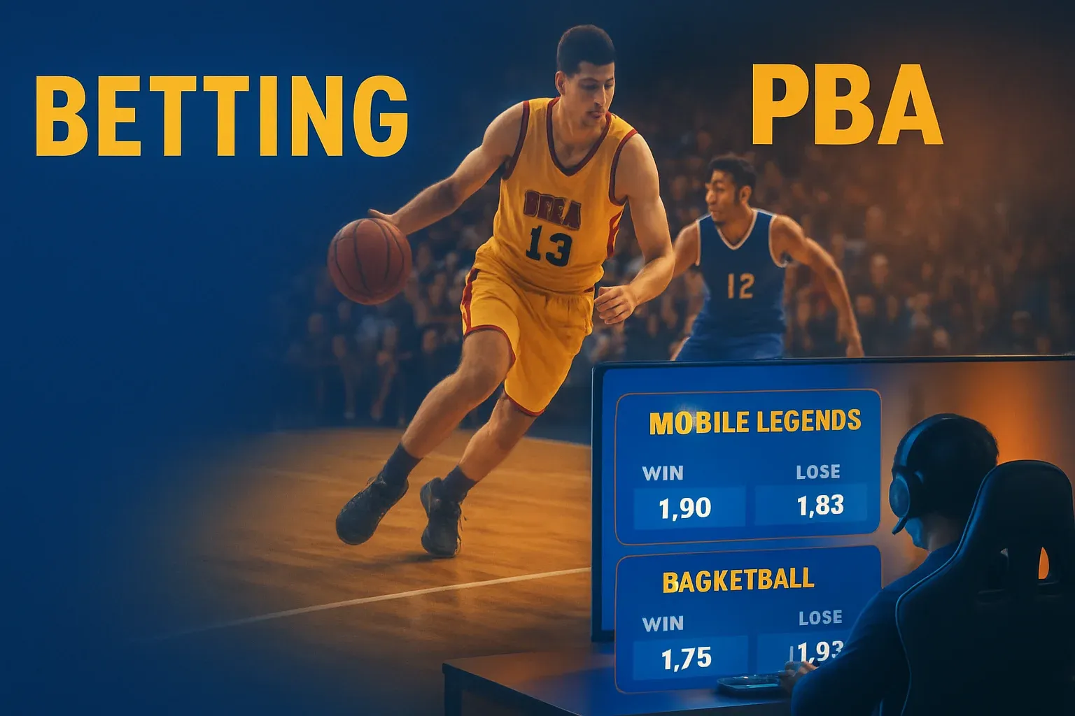 Dynamic Philippine sports betting banner with PBA action and Mobile Legends overlay